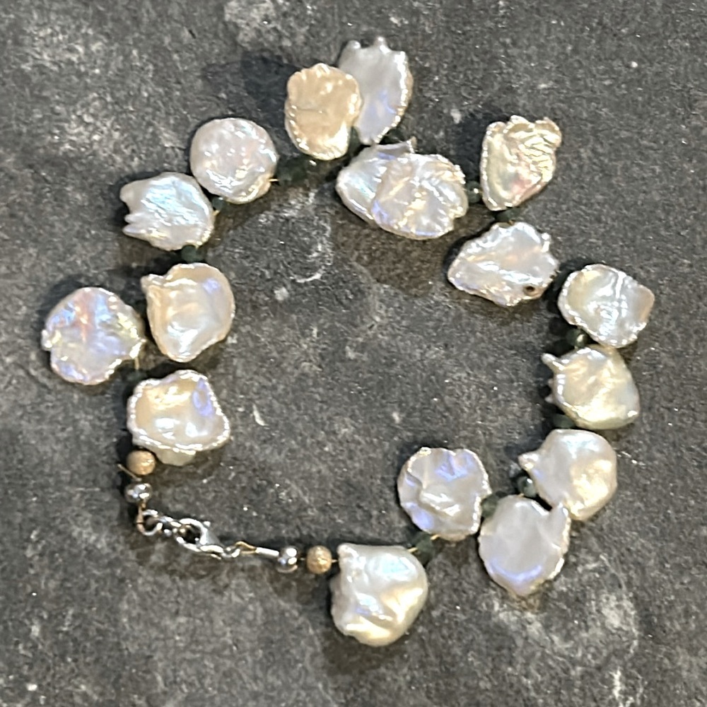 Gorgeous Petal Freshwater Pearl and Peridot Bracelet. It’s light and del…